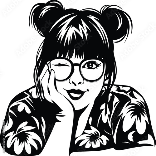 Attractive girl with space buns and floral shirt winks at the viewer