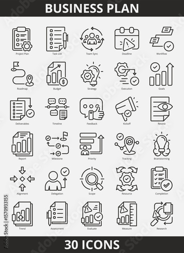 A collection of 30 business plan related icons in outline style. Business plan icon pack with outline style. Contains project plan, task list, team sync, deadline, workflow, roadmap and more