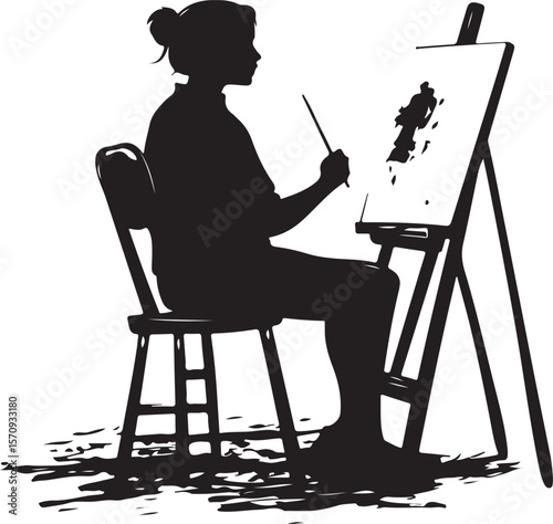 Woman drawing flower on canvas art illustration painting hobby artist creative design vector silhouette 