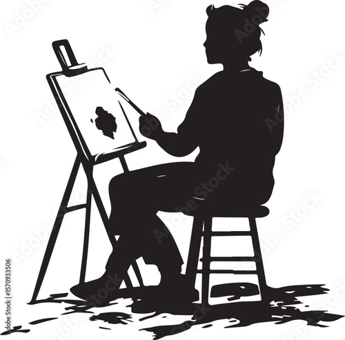 Woman drawing flower on canvas art illustration painting hobby artist creative design vector silhouette 