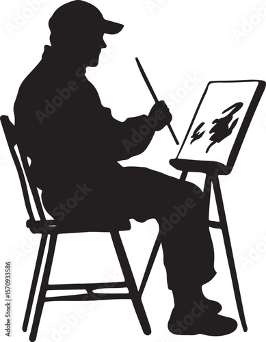 Woman drawing flower on canvas art illustration painting hobby artist creative design vector silhouette 