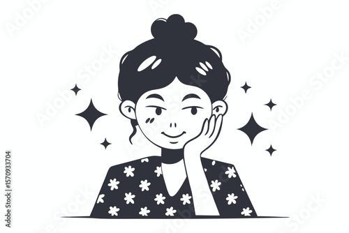 Asian girl with floral top rests her chin in her hand smiling serenely