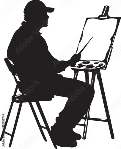 Woman drawing flower on canvas art illustration painting hobby artist creative design vector silhouette 