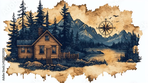 Rustic cabin nestled in a mountain landscape, illustrated on distressed parchment