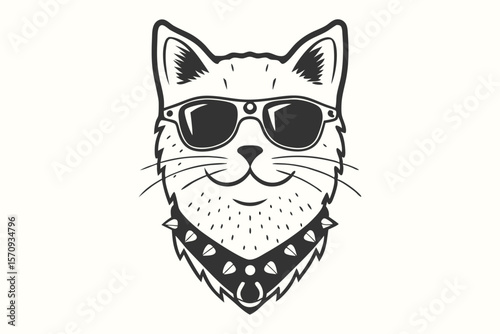Feline with sunglasses and spiked collar shows bold and edgy style in simple design