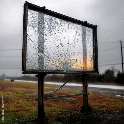 Cracked display on an outdoor advertising panel during a rainy day, symbolizing wear from weather.