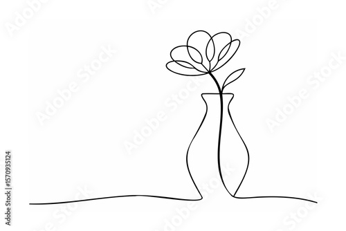 Single line drawing of a flower in a vase black and white
