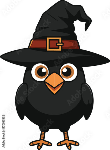 Adorable black crow cartoon wearing a witch hat, perfect for Halloween illustrations