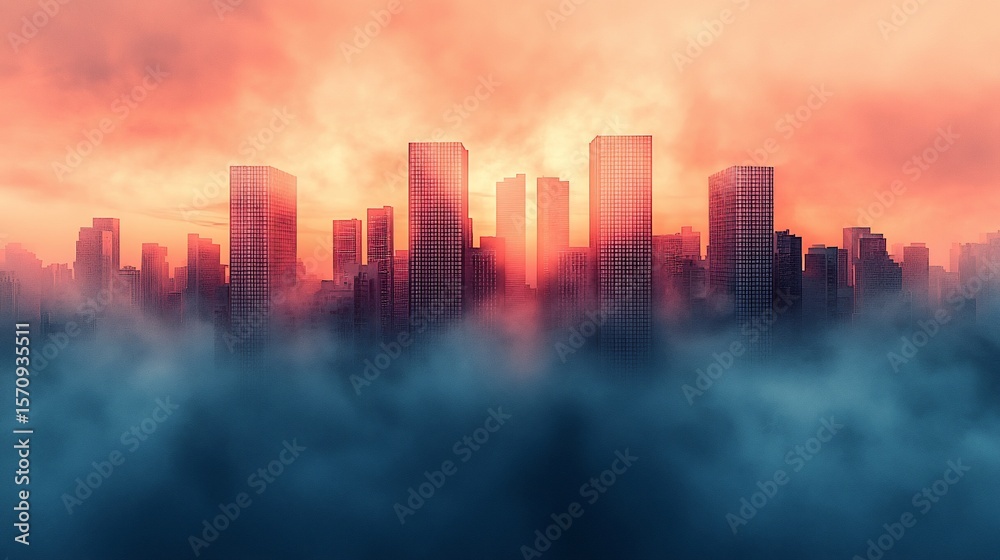 Fototapeta premium City skyline in mist, vibrant sunset, surreal atmosphere