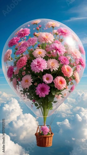 Hot Air Balloon Filled with Colorful Flowers, Representing Joy and Adventure