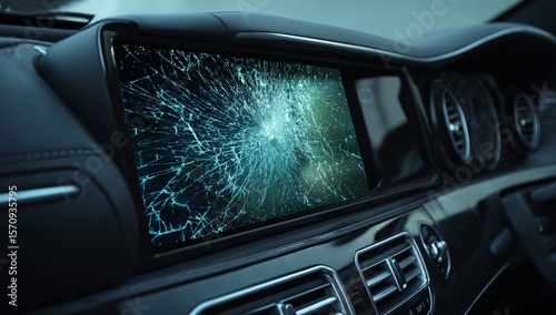 Cracked screen on a car multimedia player, symbolizing damage to vehicle display systems.