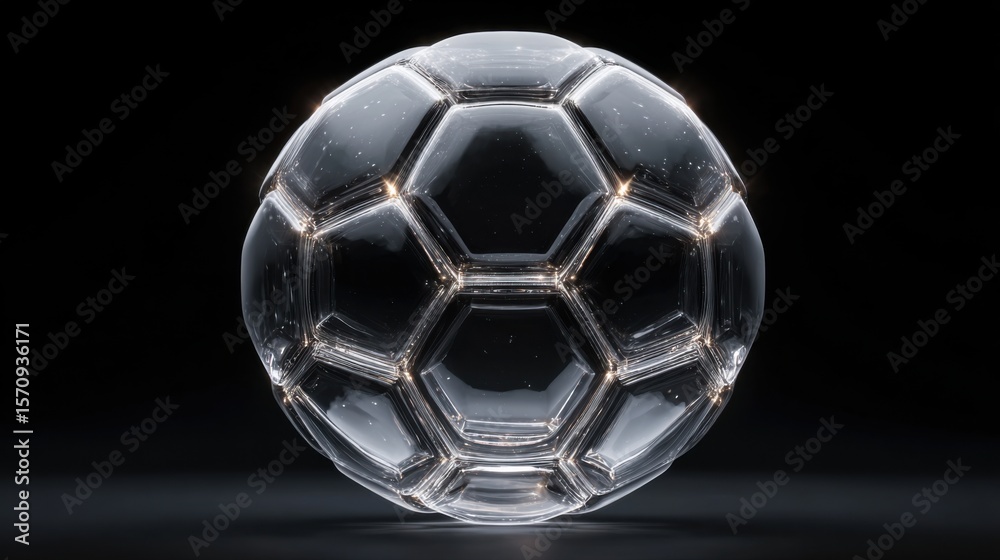 Naklejka premium A perfectly symmetrical soccer ball made of clear glass, resting on a dark surface. The sleek, transparent design and smooth reflections give it a modern, elegant, and artistic look.