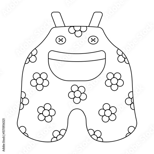 Jumpsuit. Sketch. Cute pants with suspenders, a pocket and buttons, decorated with a floral pattern. Vector illustration. Outline on an isolated white background. Doodle style. Coloring book.