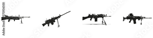 Firearm Silhouettes In Icon Set. Military And Tactical Weaponry Symbol Collection. Defense And Security Use. Isolated Vector Illustration