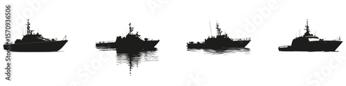 Naval Ship Silhouettes In Icon Set. Maritime Defense And Military Vessel Symbol Collection. Nautical And Security Use. Isolated Vector Illustration