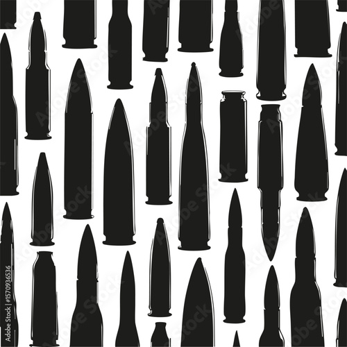 Silhouette Of Various Bullet Casings. Ammunition Pattern For Military And Tactical Design. Isolated Vector Illustration