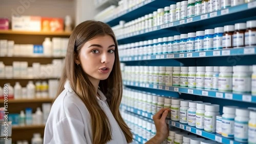 Woman Browsing Medicine Shelves in a Pharmacy, Representing Healthcare and Wellness