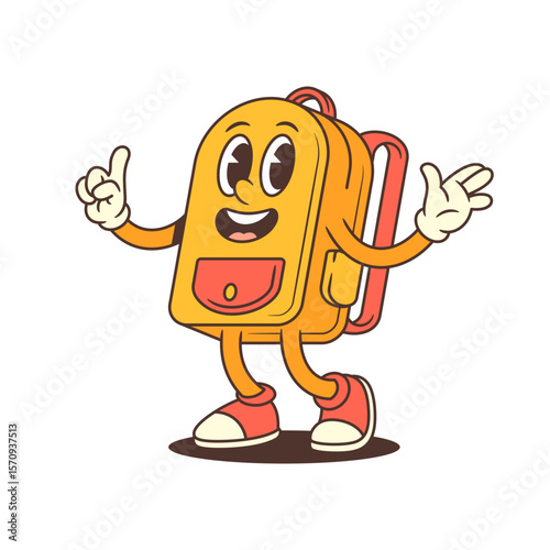 Backpack mascot standing upright with a beaming smile and double thumbs-up pose. Excellent for approval, success stories, achievement promotions, or feel-good school branding. Vector illustration