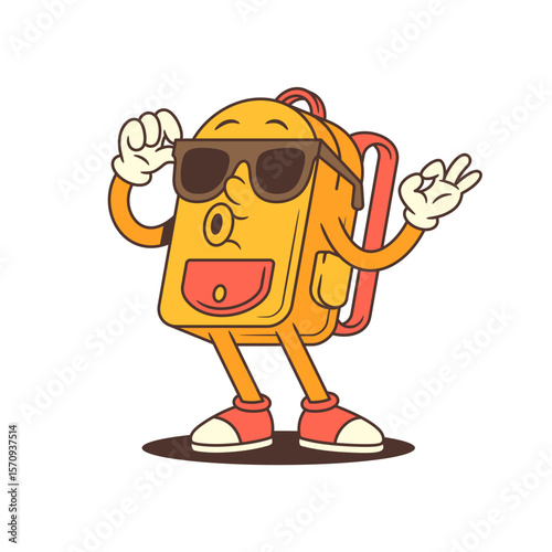 Stylish backpack mascot wearing sunglasses and raising both arms in a victory gesture. Great for content about confidence, celebration, motivation, and achievement. Vector illustration