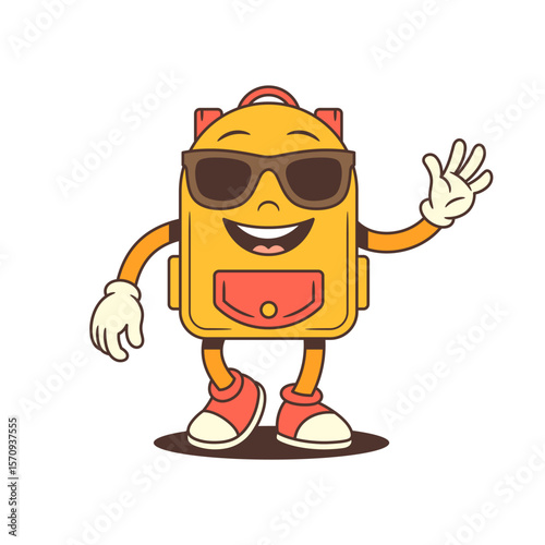 Backpack mascot with a warm smile and raised arm in a wave, creating a welcoming and approachable vibe. Ideal for greetings, intros, and friendly content. Vector illustration
