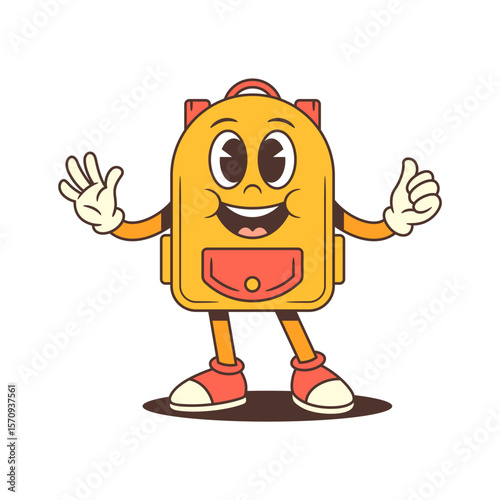 Backpack mascot with both arms raised giving thumbs up, wearing a wide smile and showing positive vibes. Perfect for motivational materials, school-themed branding. Vector illustration
