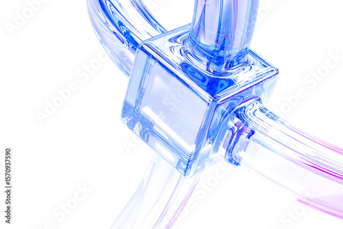 3d abstract glass tech background. Crystal transparent cube connected lines of data network with holographic light blue pink gradient render. Digital graphic design technology banner