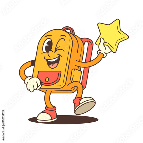 Cartoon backpack character in mid-step holding a bright star and winking confidently. Ideal for school themes, celebration designs, motivational content, and educational branding. Vector illustration