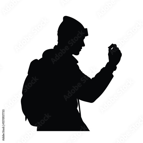Black silhouette of man checking wristwatch on white background