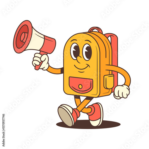 Energetic backpack mascot holds a megaphone and smiles with confidence, leading a rally or making an announcement. Great for events, campaigns, and school projects. vector illustration