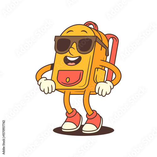 Cool backpack mascot stands with hands on hips and sunglasses, smiling confidently with relaxed charm. Great for youth branding, school visuals, or promotional designs. vector illustration