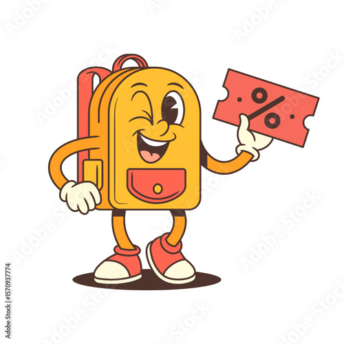 Excited cartoon backpack character holds a ticket in one hand and gives a thumbs up with the other, full of celebration and approval vibes. Perfect for events. vector illustration