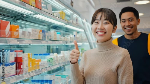 A smiling woman and a man give each other a thumbs-up at a pharmacy, demonstrating a positive healthcare experience