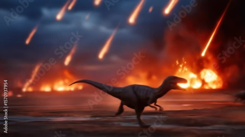 Dinosaurs are seen fleeing as fiery meteors fall, marking the dinosaur extinction event and the end of an era.