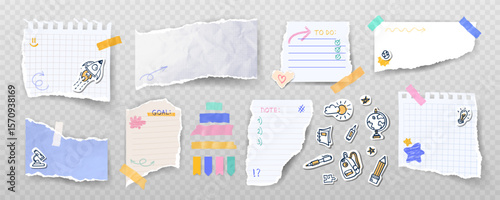 Collection of torn paper pieces with ripped edges, notepad sheets, tape strips, school themed stickers, decoration and marker sketches. Vector set of isolated elements for collage, education concept.