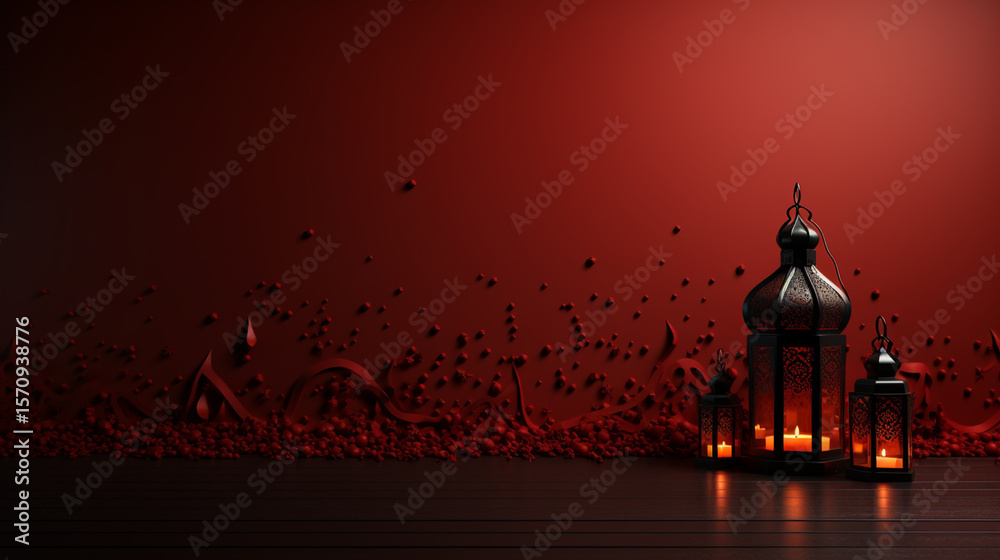Fototapeta premium Ramadan kareem greetings design with lantern in red background.