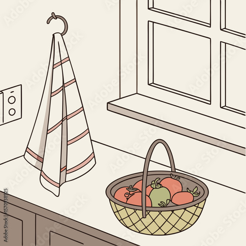 Still life scene featuring a basket of tomatoes, a towel, and a window in a kitchen setting view