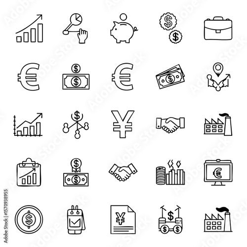 A set of linear icons illustrating various aspects of finance and business, including currency symbols, growth charts, and industrial representations.