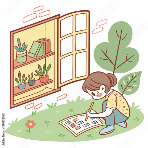 A girl drawing on a paper outside with a cabinet filled with plants and books and a tree behind her