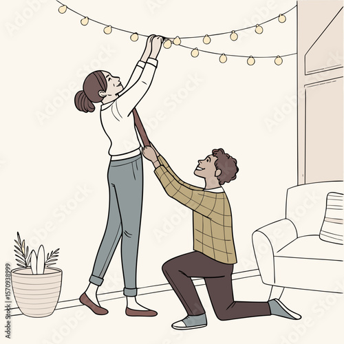 A couple decorates a room with string lights together with a plant and a sofa in the background area