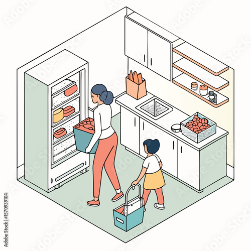 Isometric view of a mother and daughter in a kitchen putting groceries away in the refrigerator and cabinet