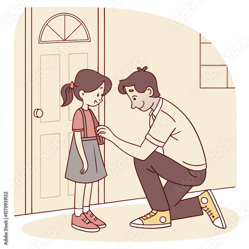 A father adjusting his daughter's dress before she leaves for school near the door and window at home