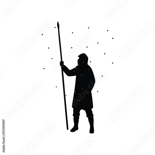 Black silhouette of person holding long pole with scattered dots