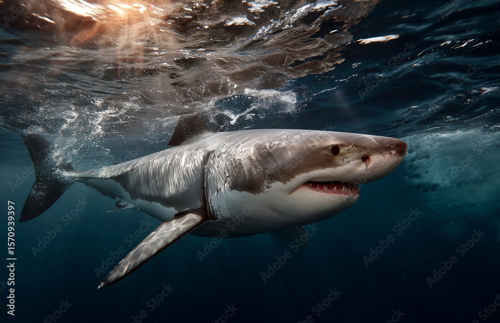 Fototapeta premium Great white shark glides through deep ocean waters with dramatic illumination