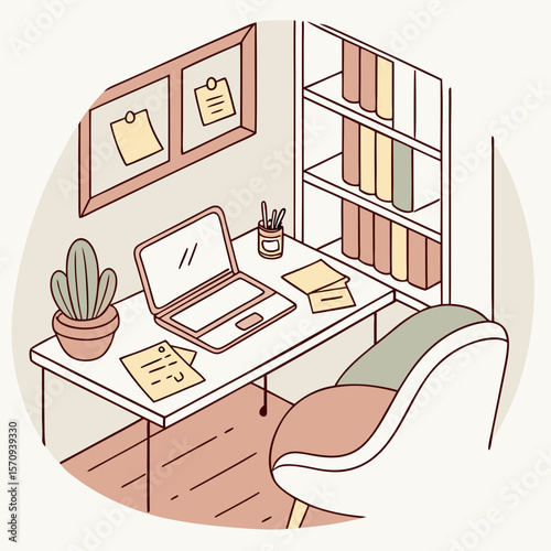 Illustration of a cozy workspace featuring a laptop, desk, chair, bookshelf, and framed notes on the wall