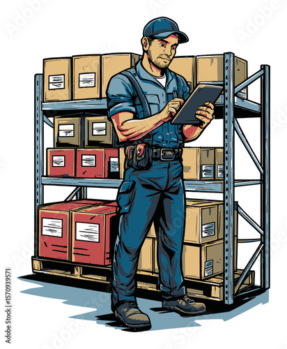 Warehouse Worker Holding Tablet in Stockroom with Shelves of Boxes
