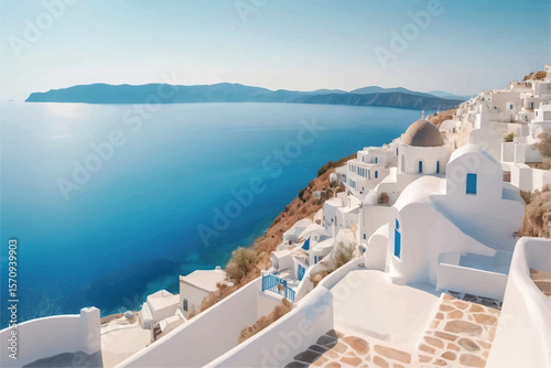 Greece vacation holiday, sunny seaside town background wallpaper backdrop. Travel destination, resort, beautiful nature view, panorama