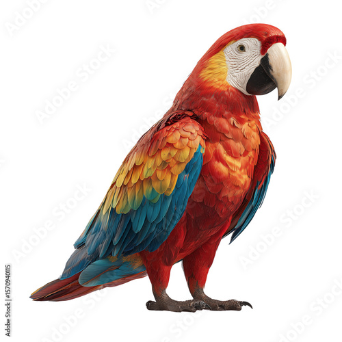 Royal scarlet macaw on transparent background, bright orange color, gentle wind effect