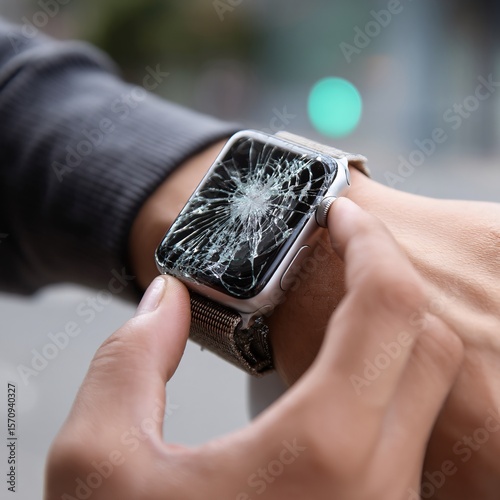 Tech-savvy users wearable device with a cracked screen, showing damage from daily use.