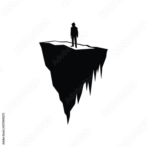 Black silhouette of person standing on jagged ice cliff edge
