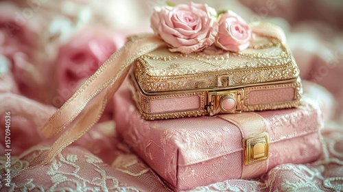 Pink roses on stacked ornate boxes, ribbon, lace